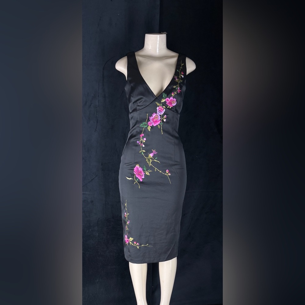 Black Floral-Embroidered V-Neck Midi Dress